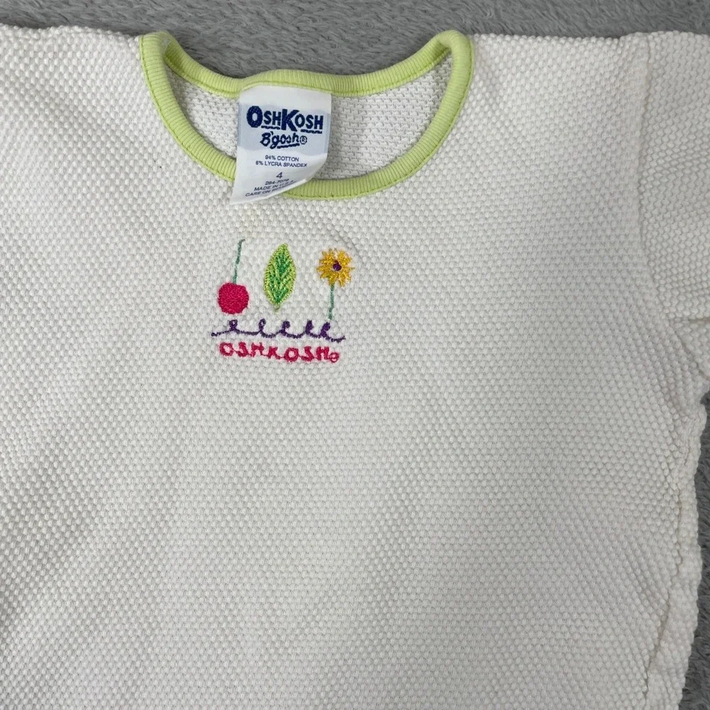 OshKosh Bgosh Shirt Kids 4 White Ringer Waffle Knit Cherry Sunflower USA Vintage